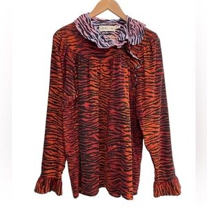 KENZO x H&M red/pink/black tiger stripe long sleeve silk top w/ ruffle accents